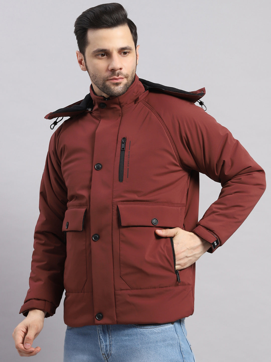 Men Burgundy Solid Hooded Full Sleeve Jacket