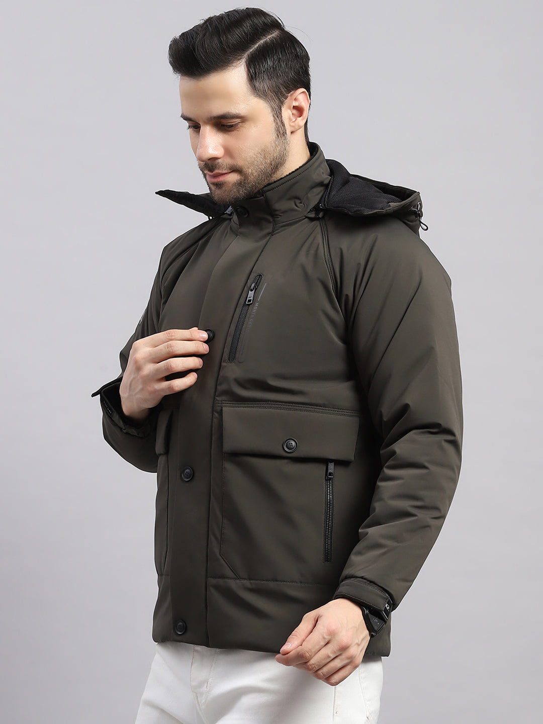 Men Olive Solid Hooded Full Sleeve Jacket