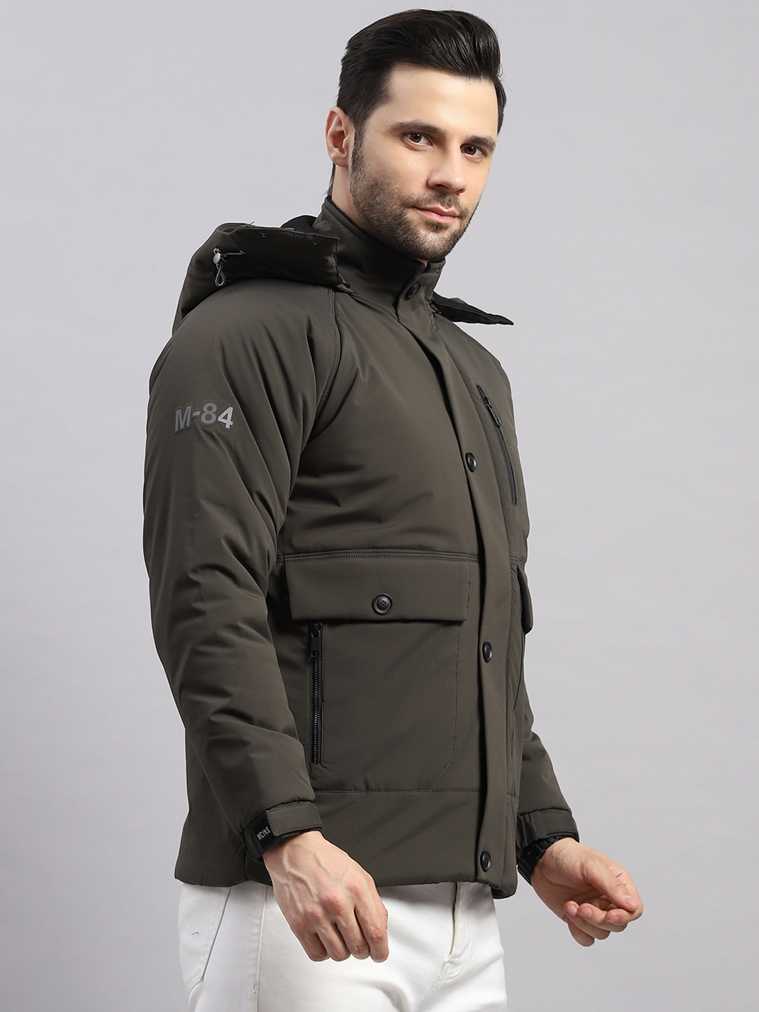 Men Olive Solid Hooded Full Sleeve Jacket