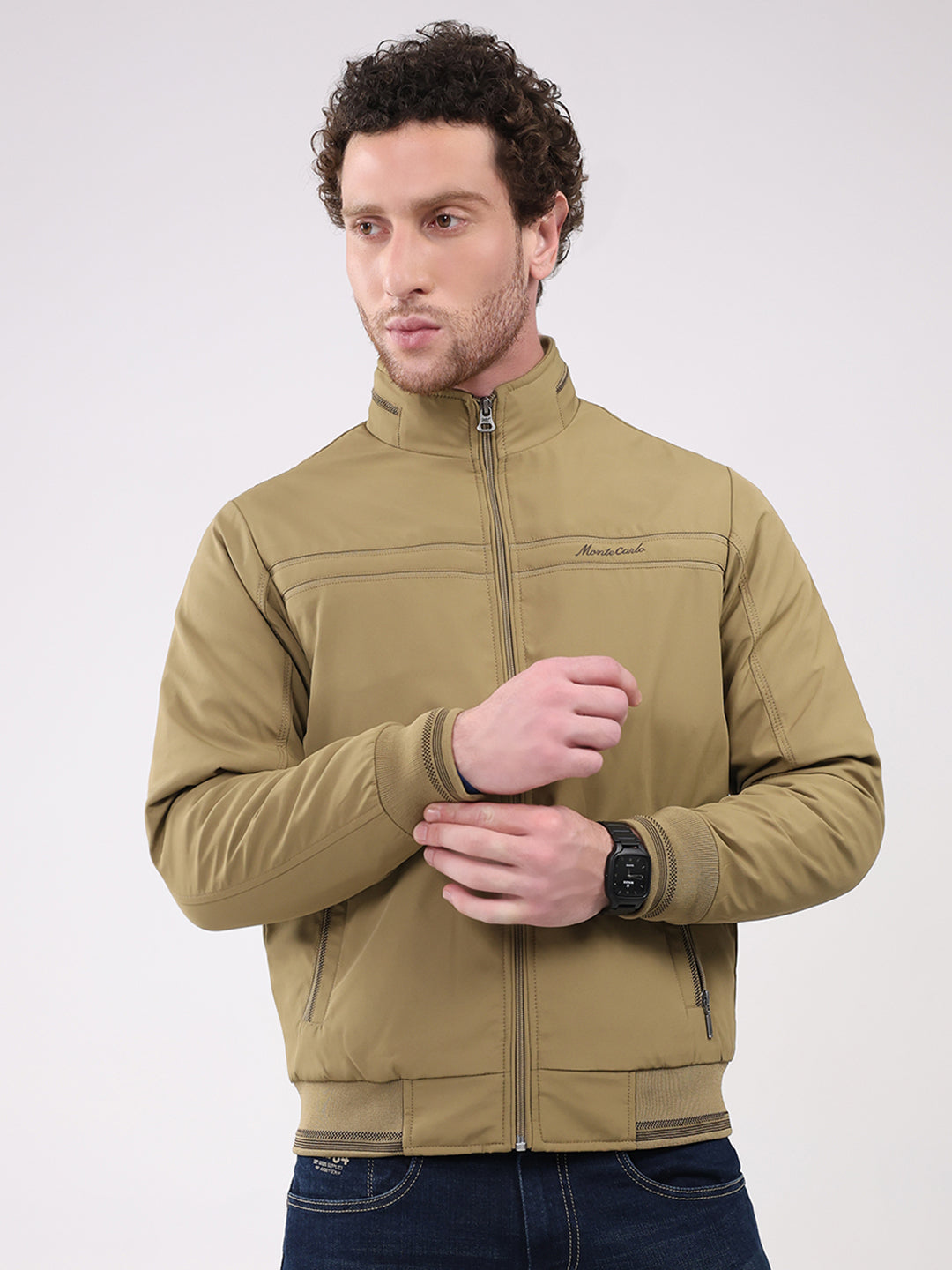 Men Khaki Solid Collar Full Sleeve Jacket