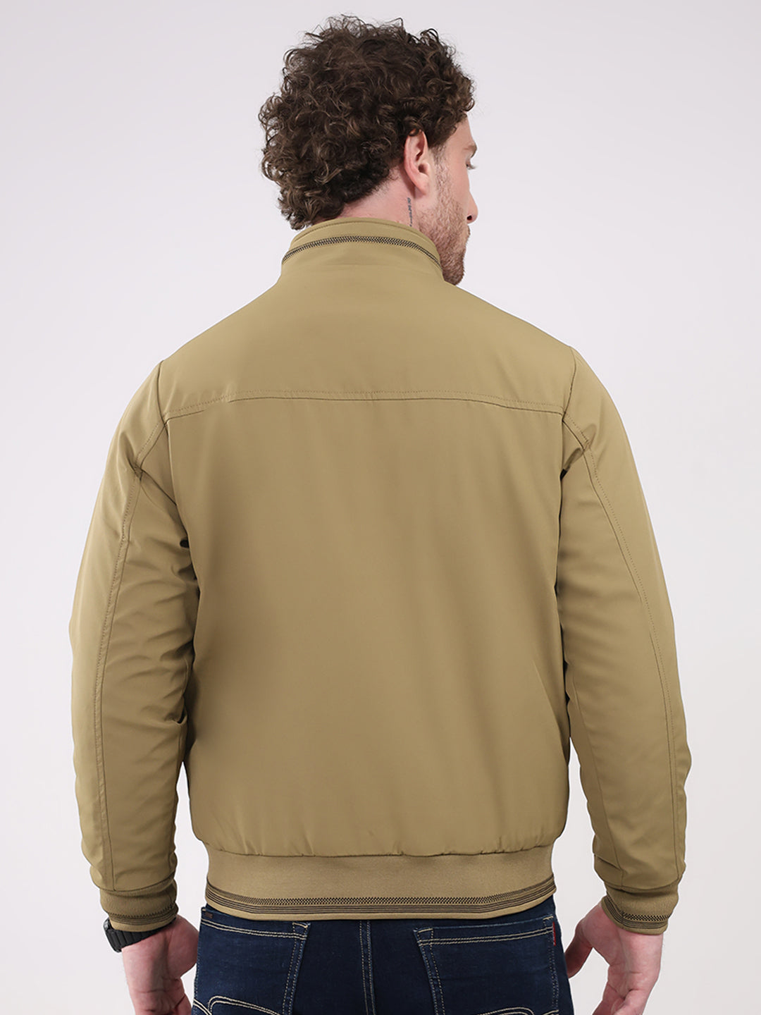 Men Khaki Solid Collar Full Sleeve Jacket
