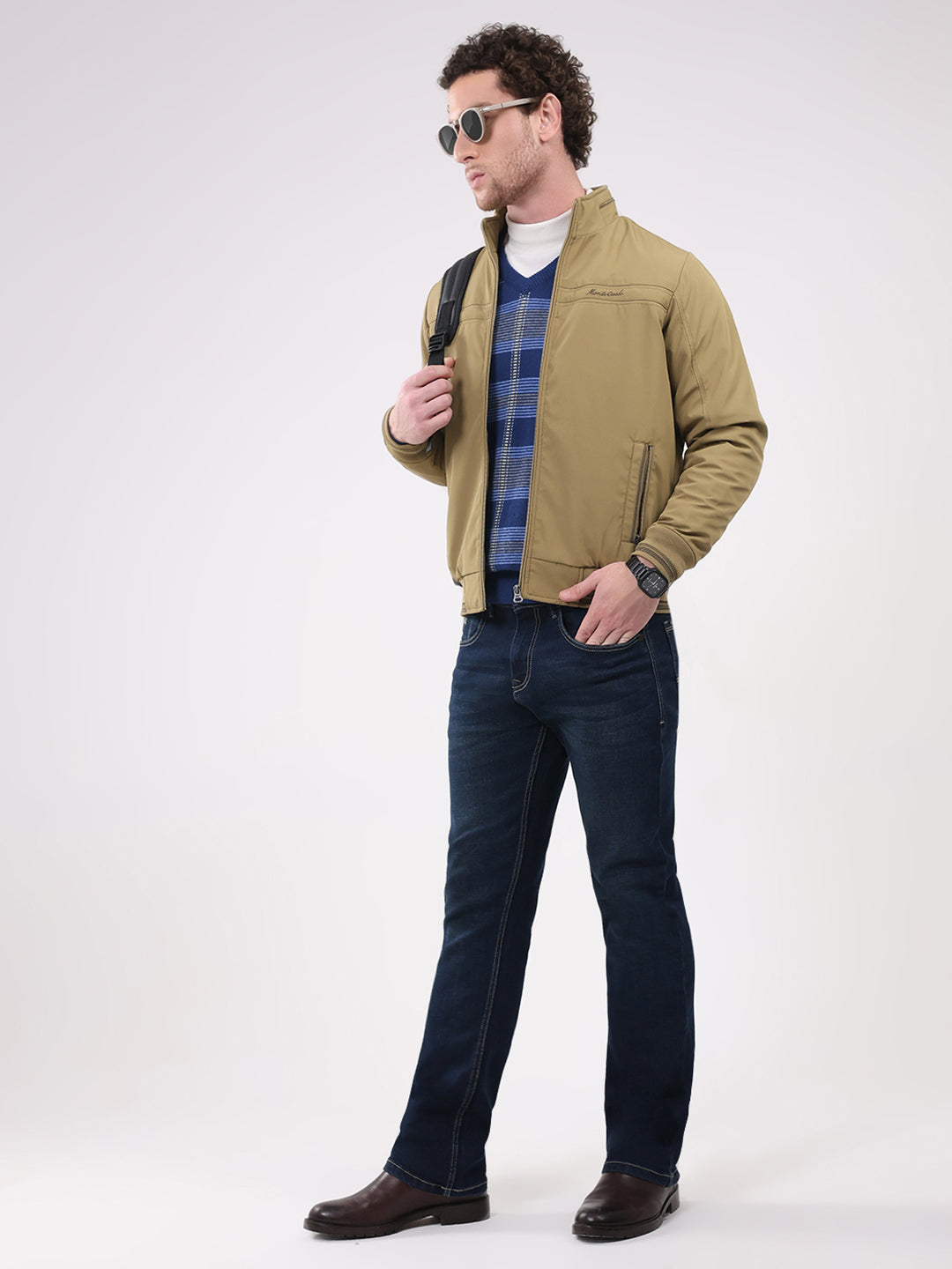 Men Khaki Solid Collar Full Sleeve Jacket