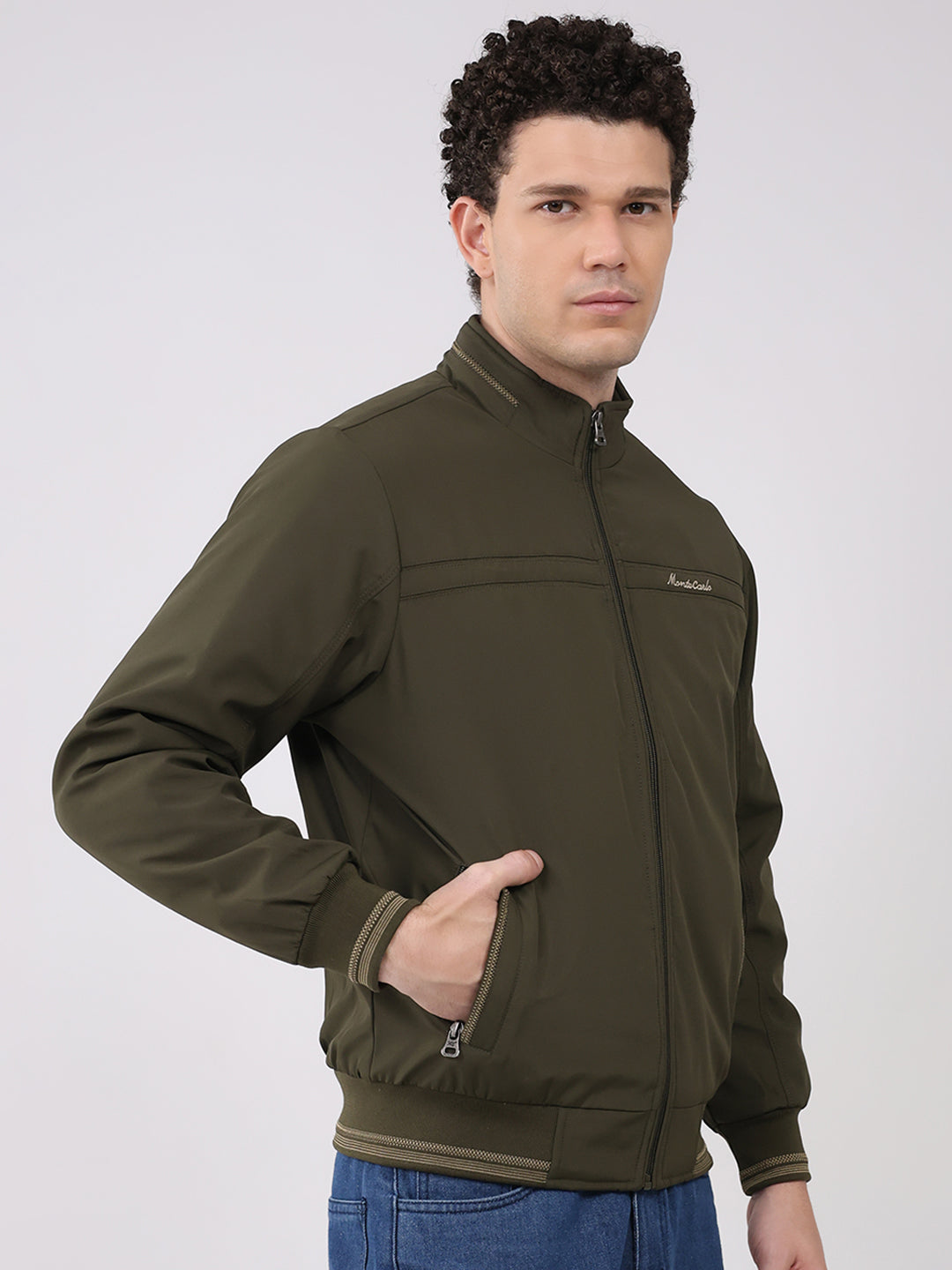 Men Olive Solid Collar Full Sleeve Jacket