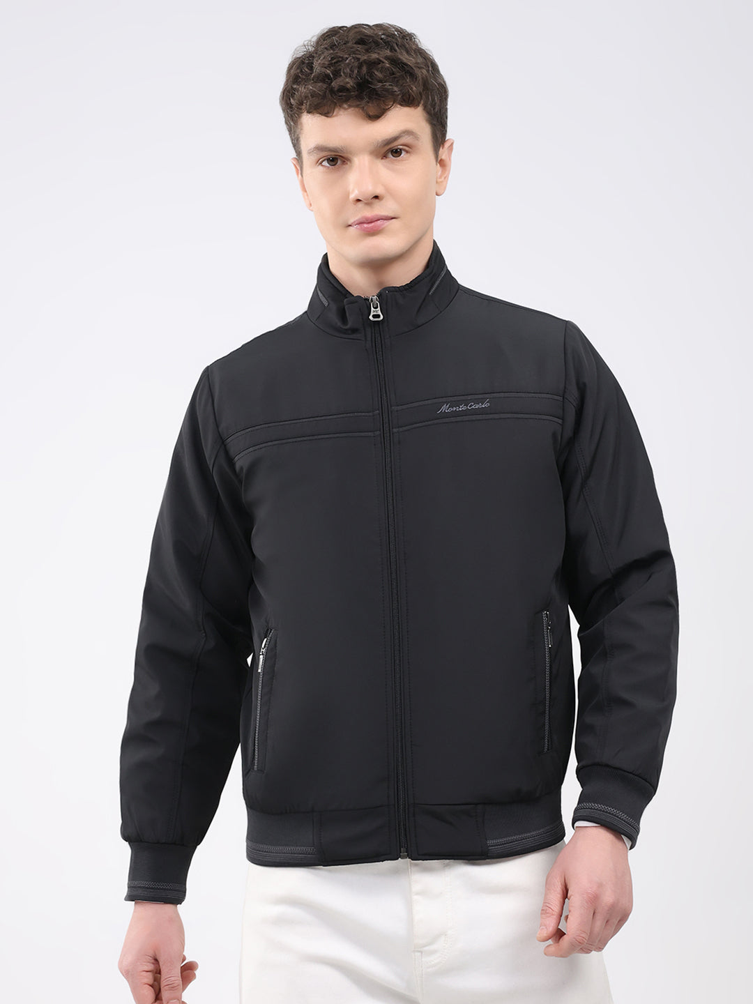 Men Black Solid Mock Neck Full Sleeve Jacket