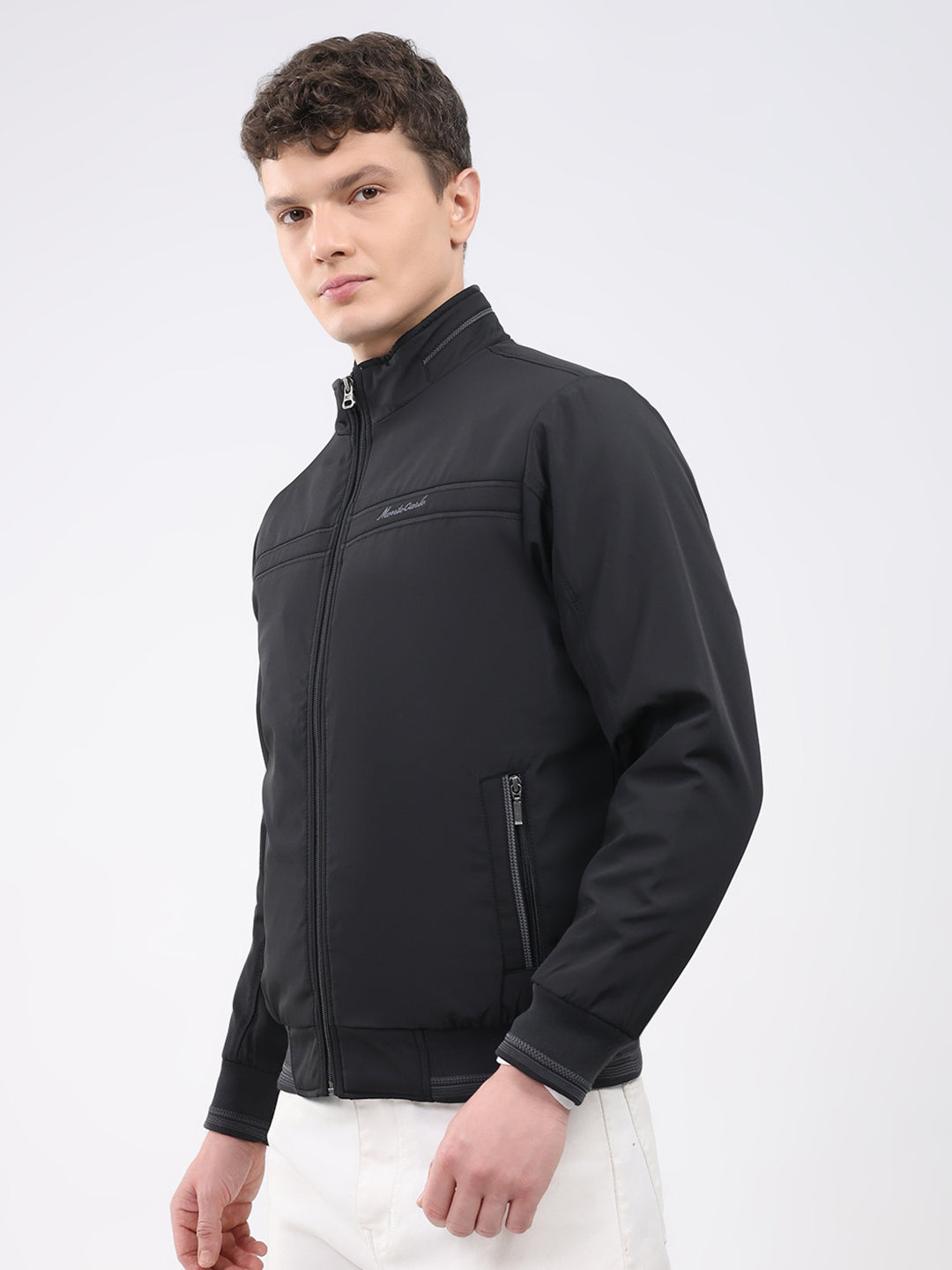 Men Black Solid Mock Neck Full Sleeve Jacket