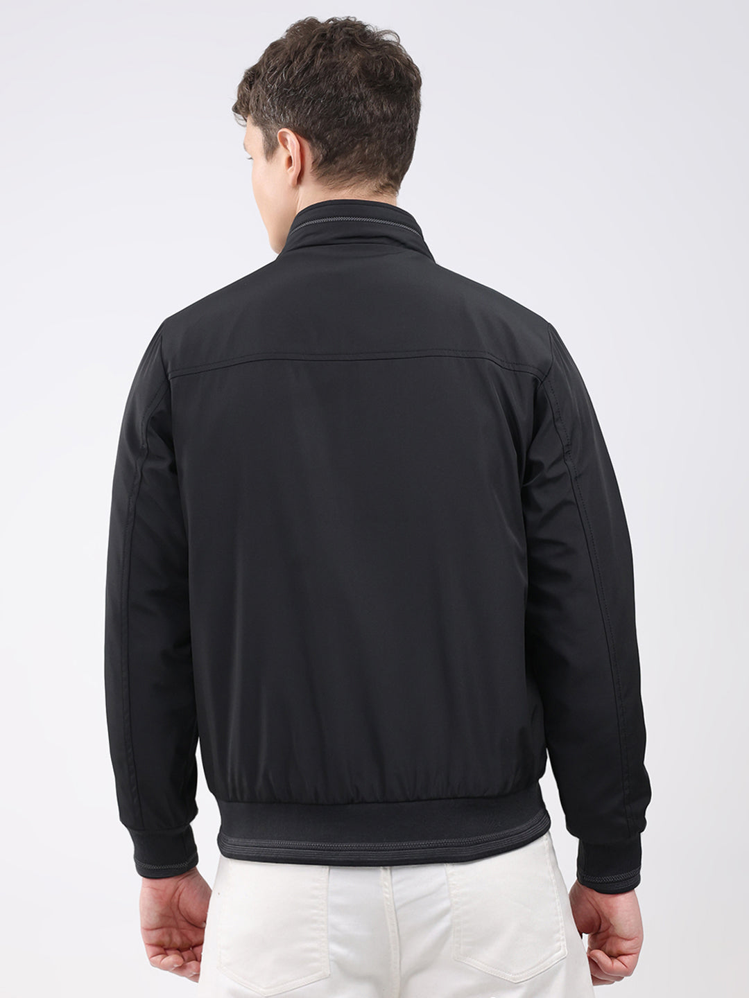 Men Black Solid Mock Neck Full Sleeve Jacket