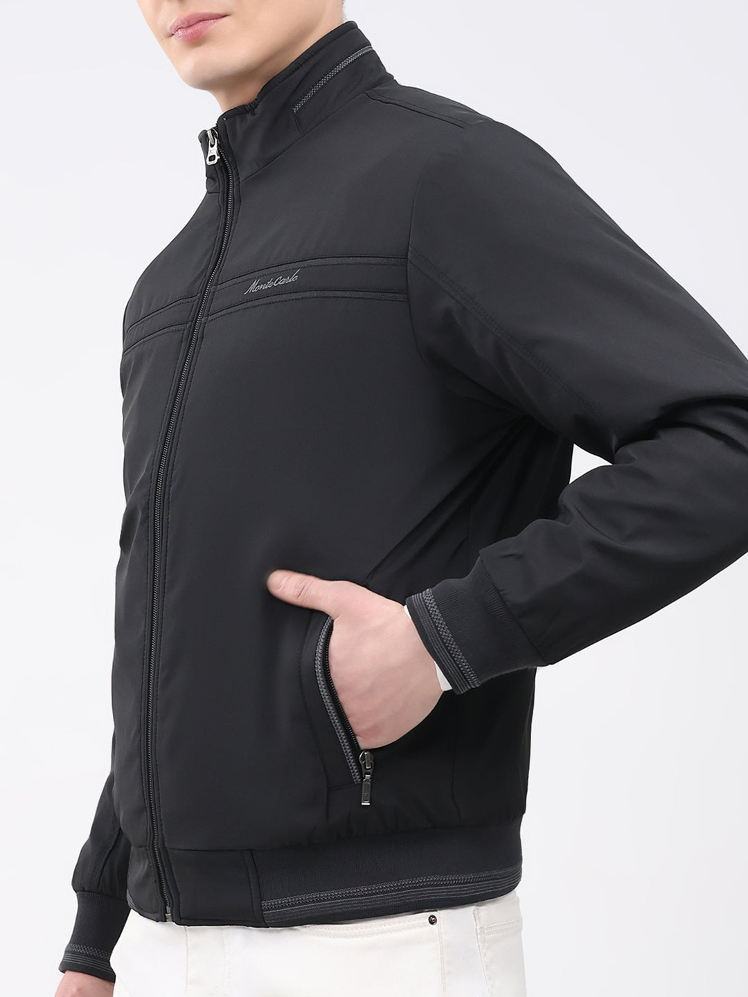 Men Black Solid Mock Neck Full Sleeve Jacket