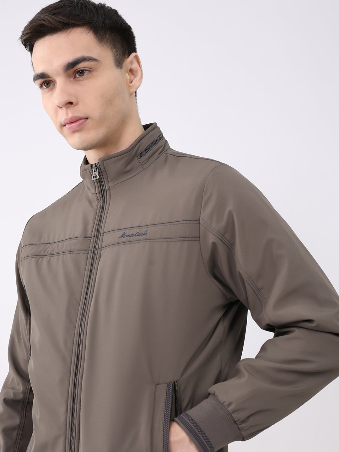 Men Brown Solid Collar Full Sleeve Jacket