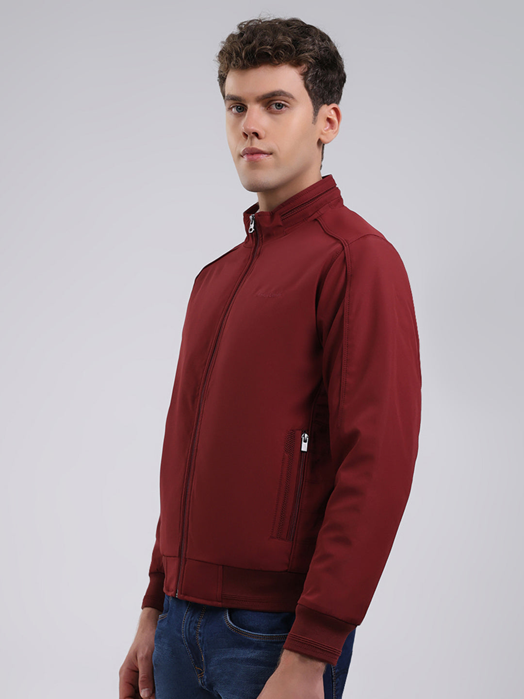 Men Maroon Solid Stand Collar Full Sleeve Jacket