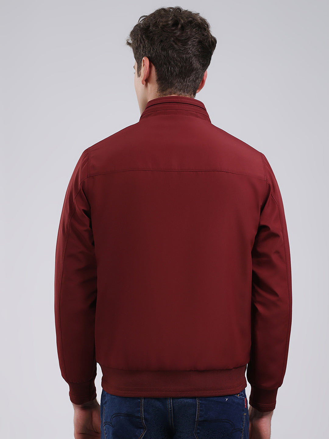 Men Maroon Solid Stand Collar Full Sleeve Jacket