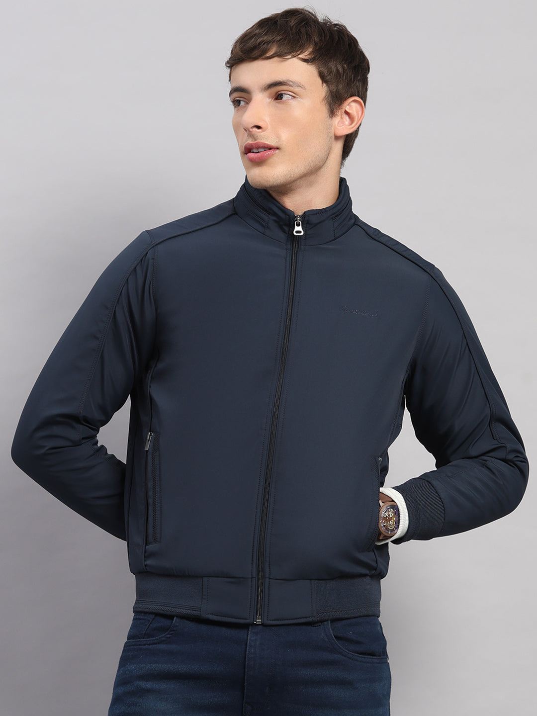 Men Navy Blue Solid Stand Collar Full Sleeve Jacket