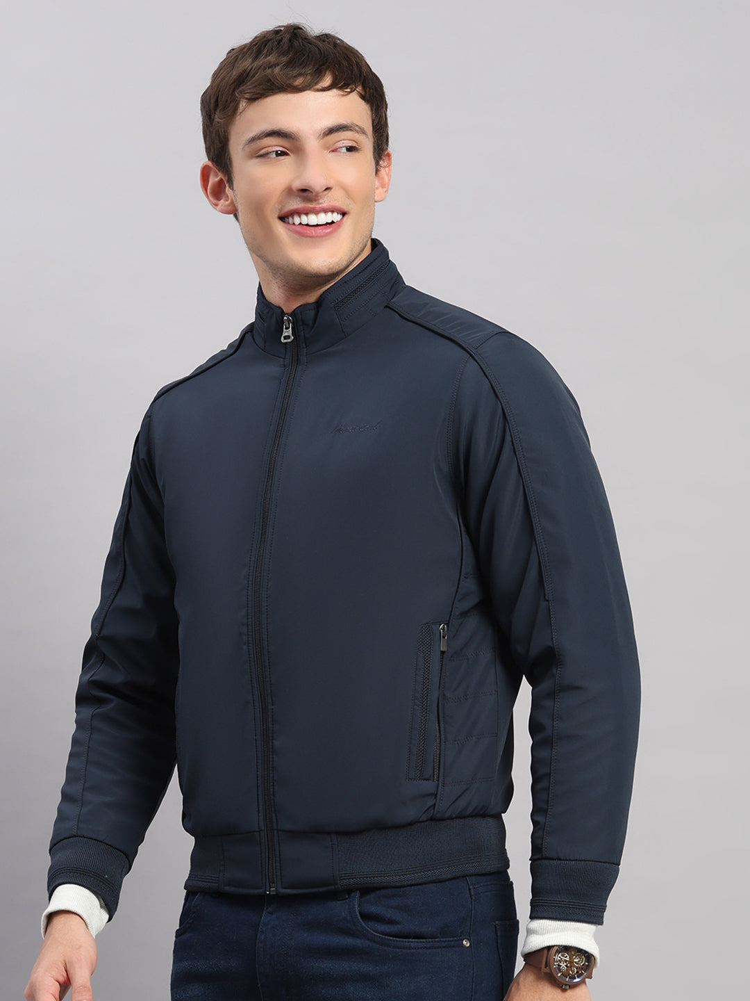 Men Navy Blue Solid Stand Collar Full Sleeve Jacket