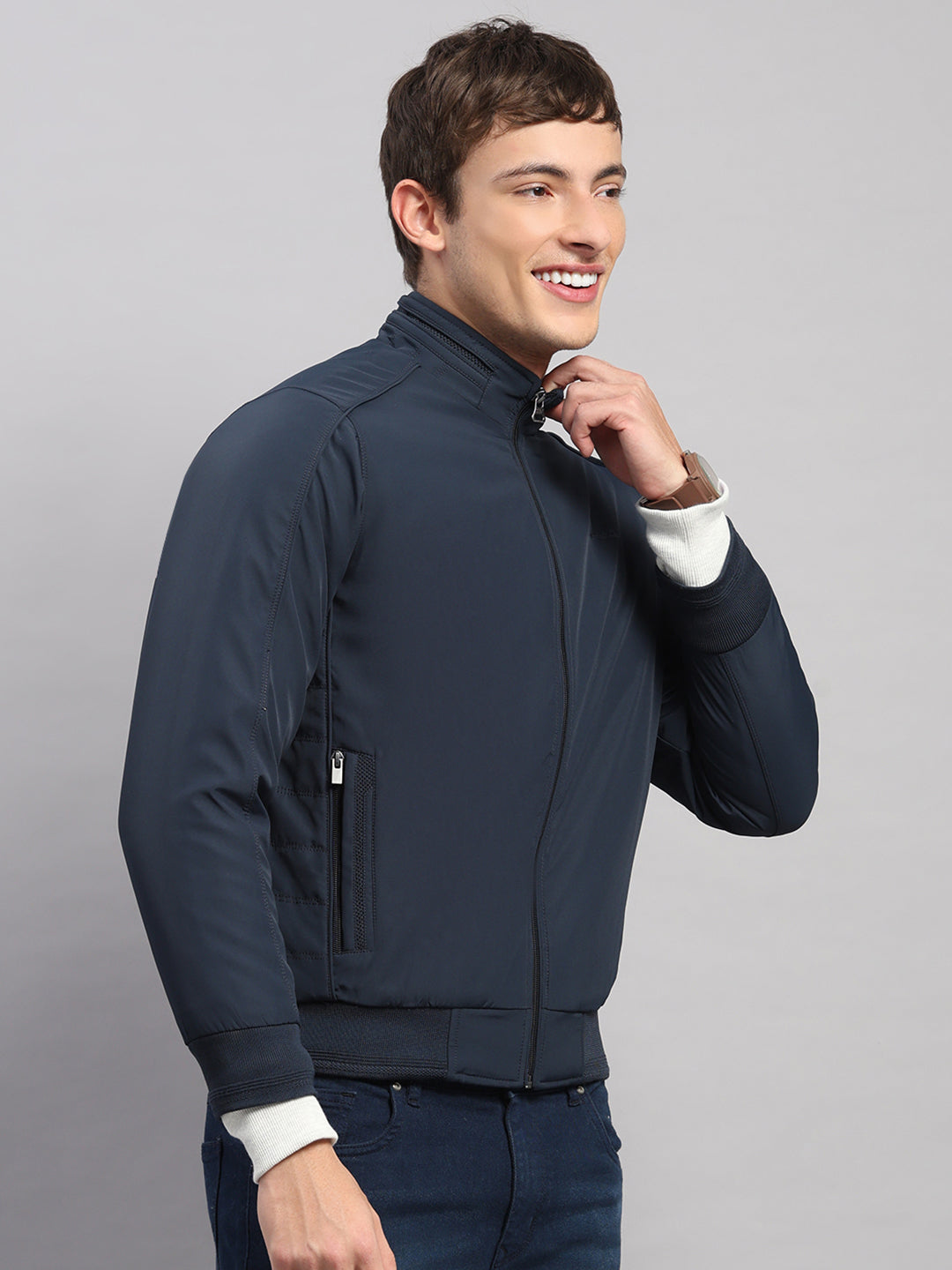 Men Navy Blue Solid Stand Collar Full Sleeve Jacket