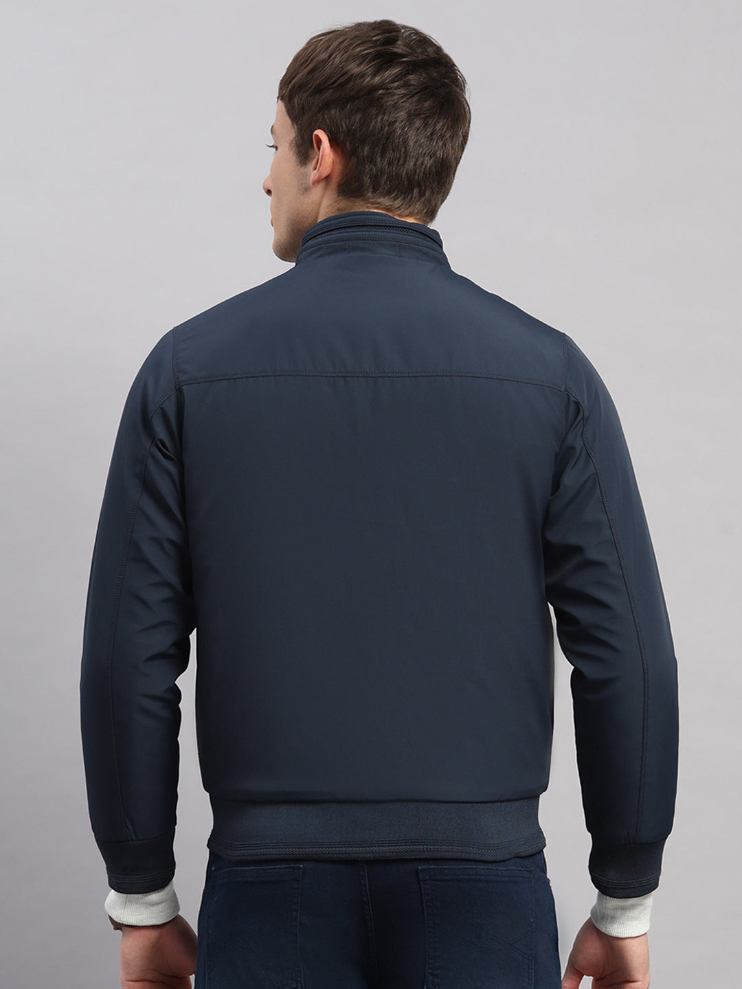 Men Navy Blue Solid Stand Collar Full Sleeve Jacket