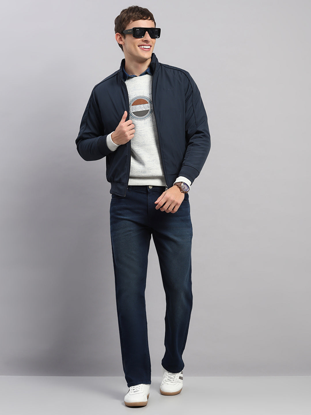 Men Navy Blue Solid Stand Collar Full Sleeve Jacket