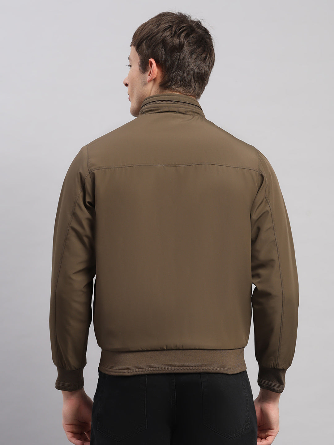 Men Brown Solid Stand Collar Full Sleeve Jacket