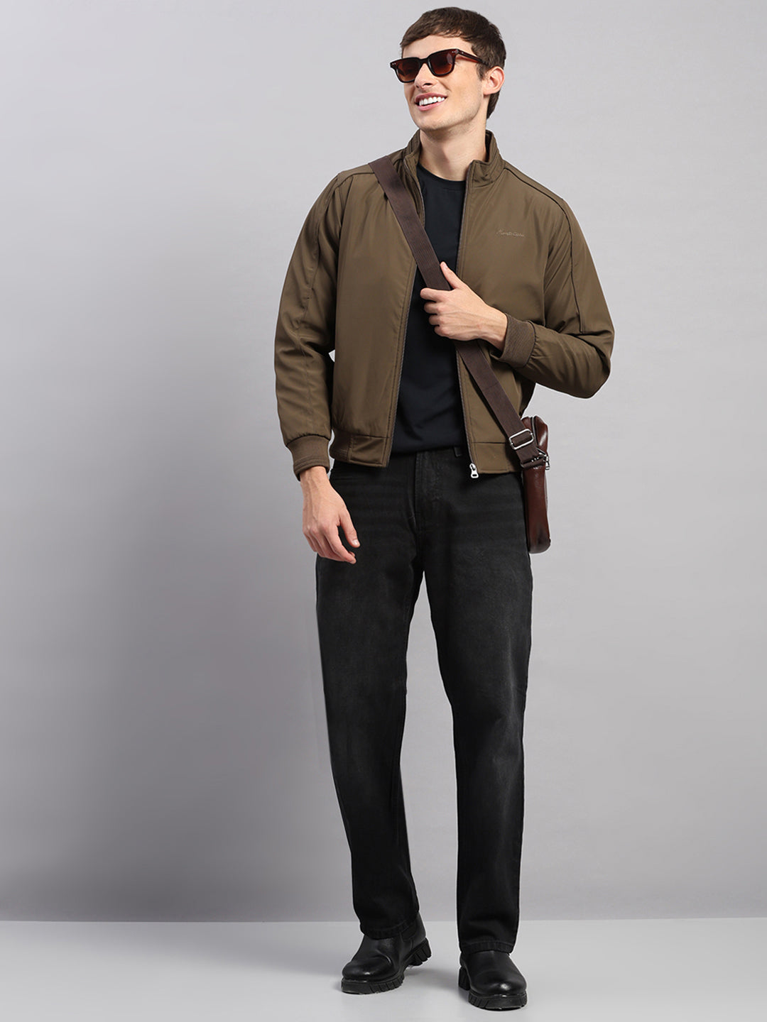 Men Brown Solid Stand Collar Full Sleeve Jacket