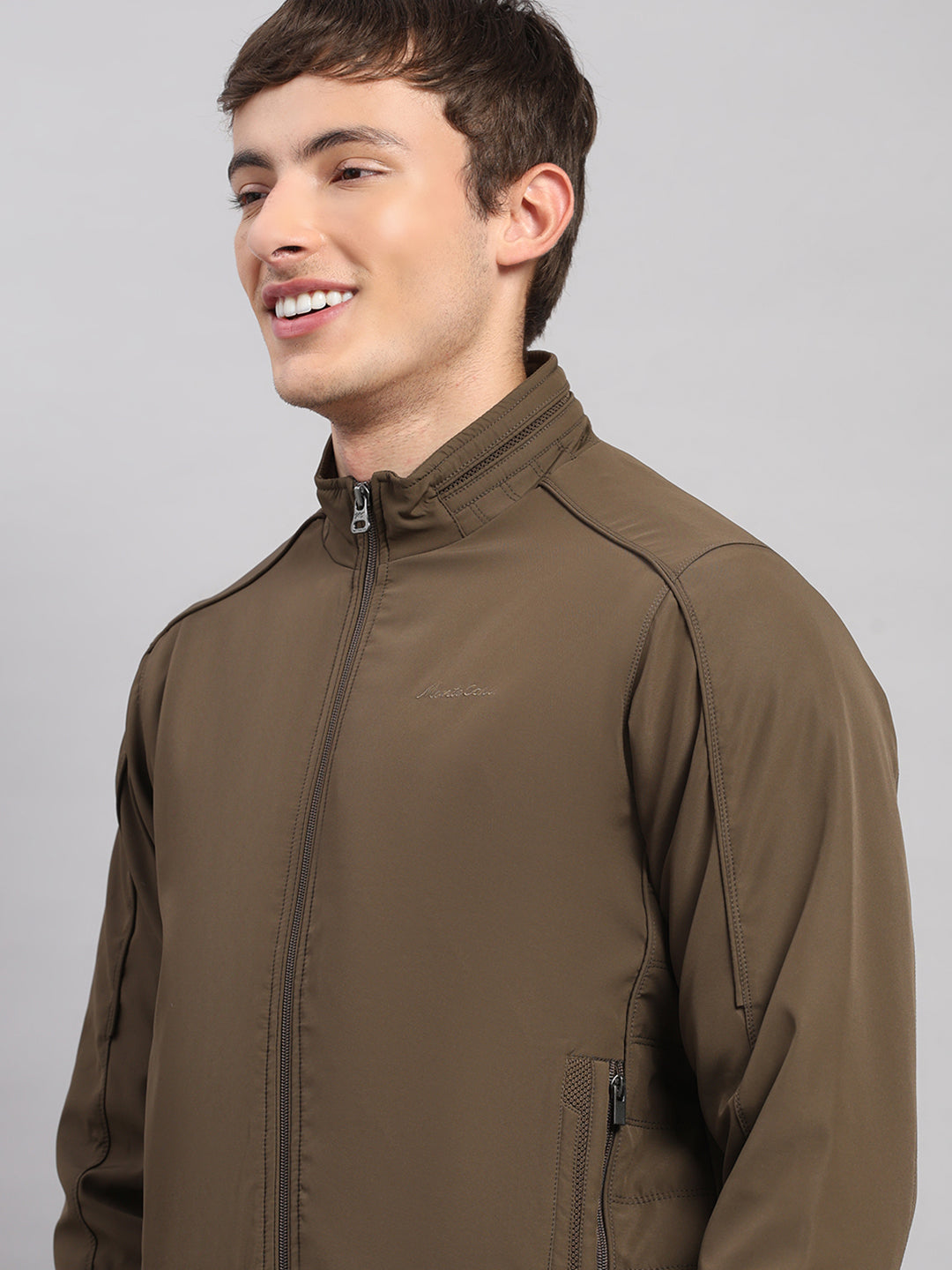 Men Brown Solid Stand Collar Full Sleeve Jacket