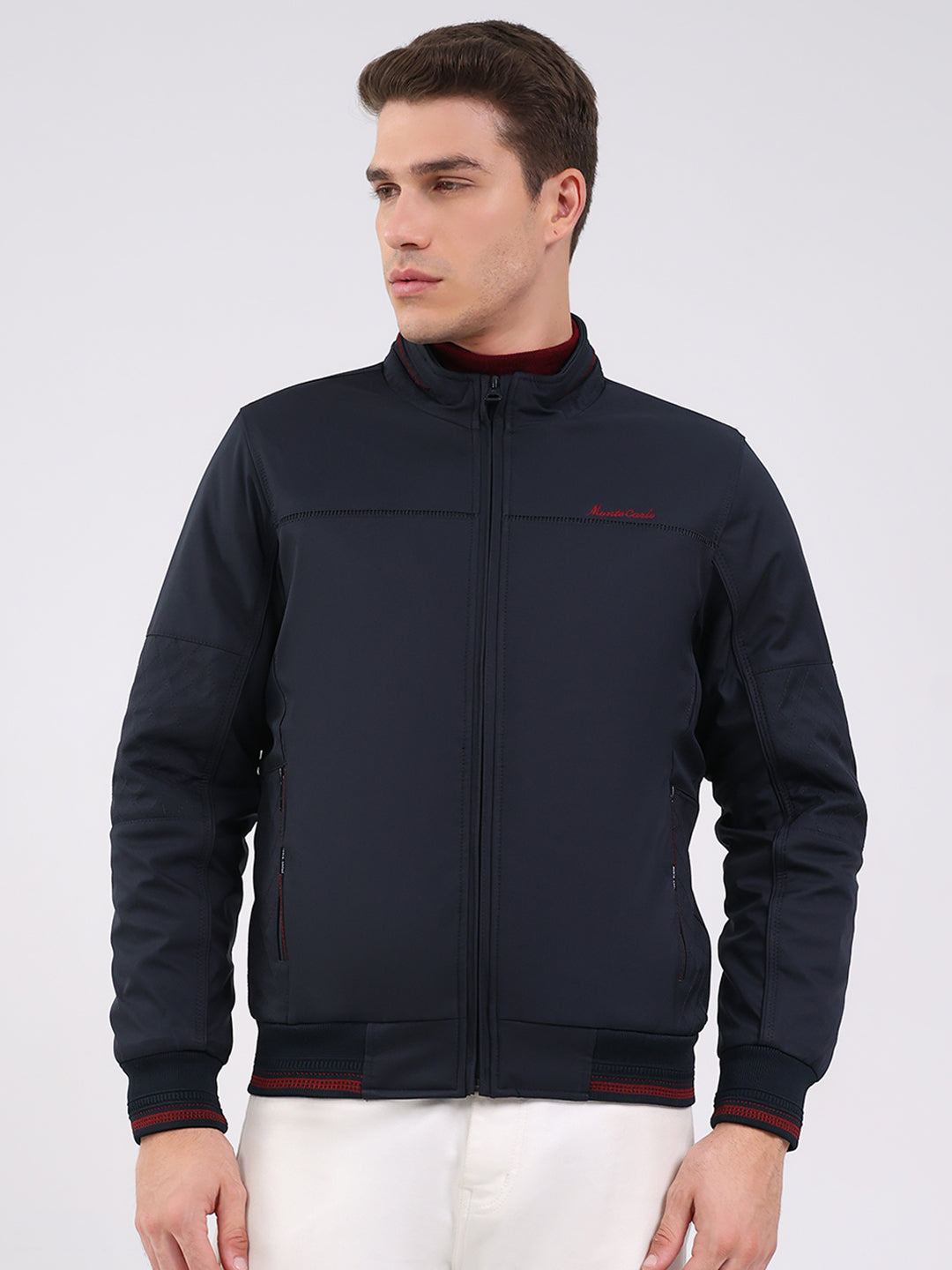 Men Navy Blue Solid Mock Neck Full Sleeve Jacket