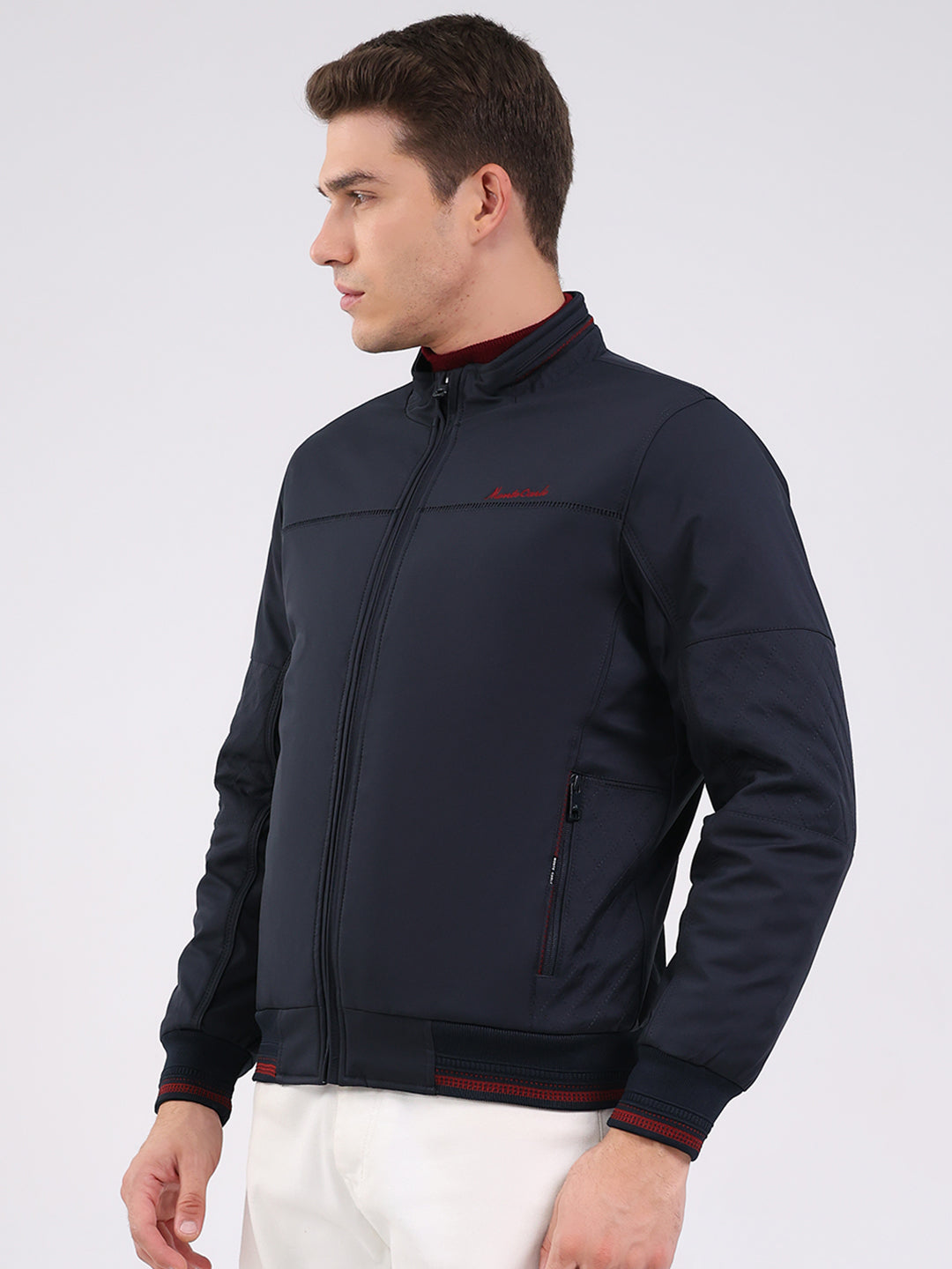 Men Navy Blue Solid Mock Neck Full Sleeve Jacket