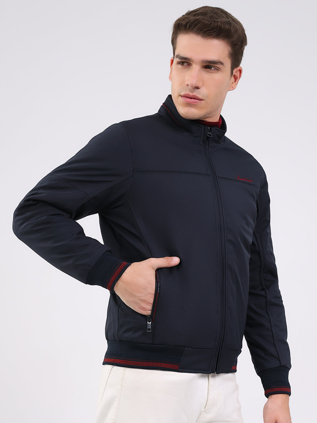 Men Navy Blue Solid Mock Neck Full Sleeve Jacket
