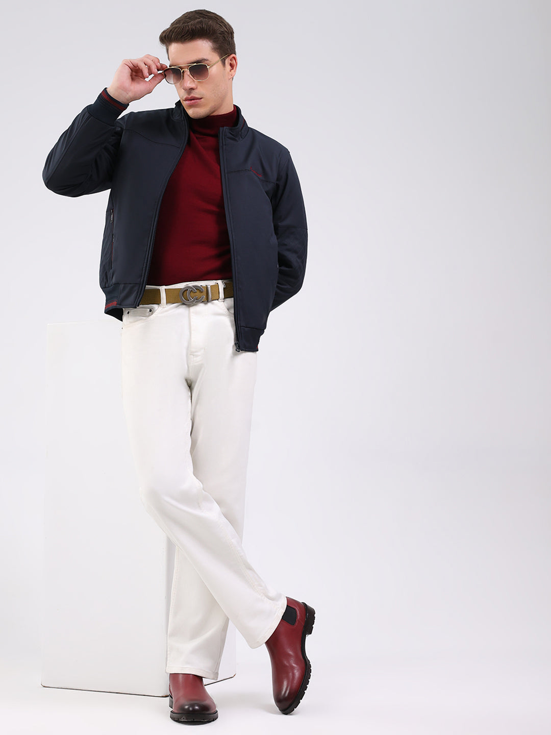 Men Navy Blue Solid Mock Neck Full Sleeve Jacket