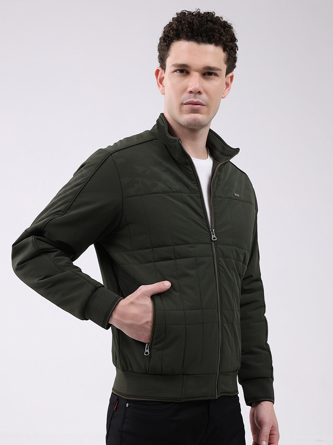 Men Green Solid Mock Neck Full Sleeve Jacket