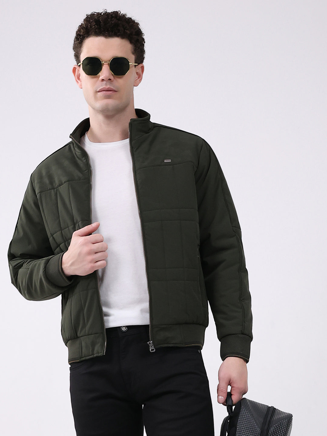 Men Green Solid Mock Neck Full Sleeve Jacket