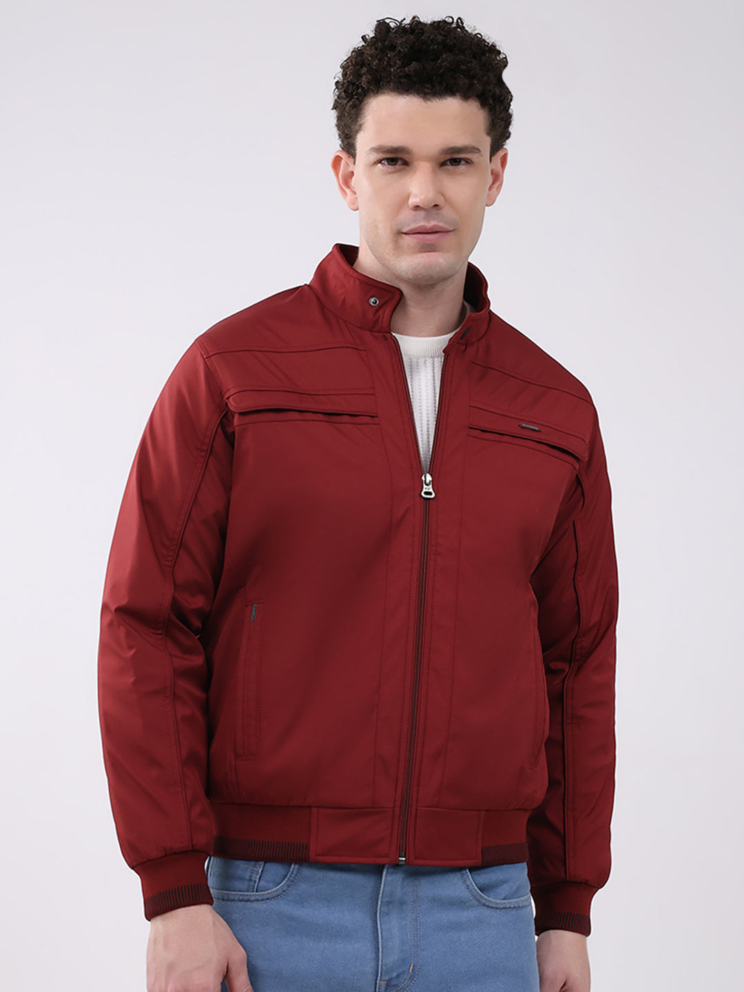 Men Maroon Solid Mock Neck Full Sleeve Jacket