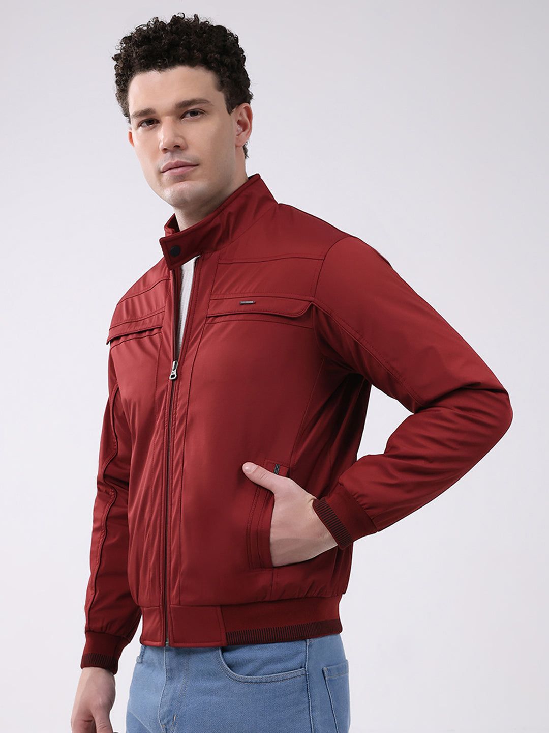 Men Maroon Solid Mock Neck Full Sleeve Jacket