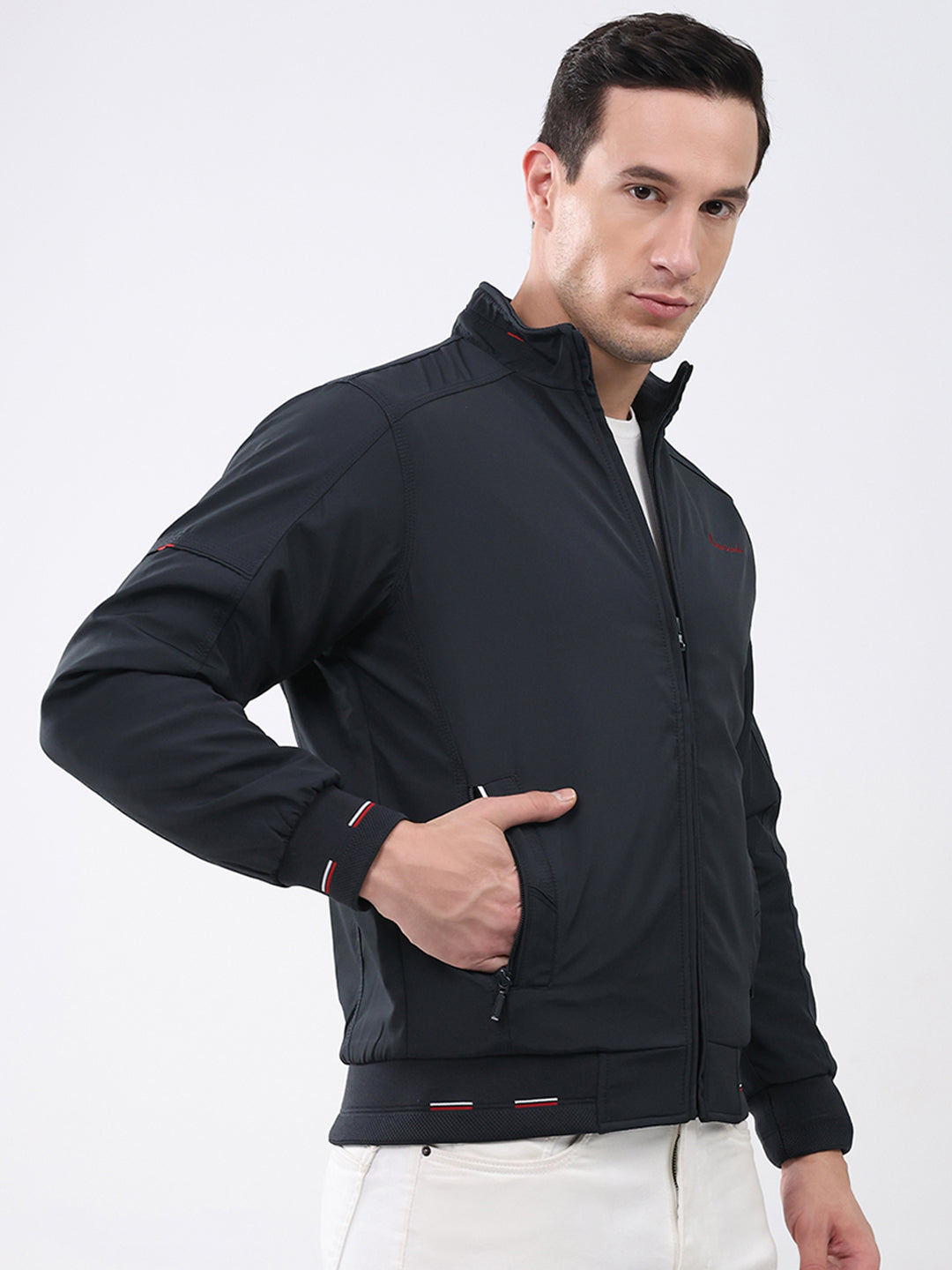 Men Navy Blue Solid Mock Neck Full Sleeve Jacket