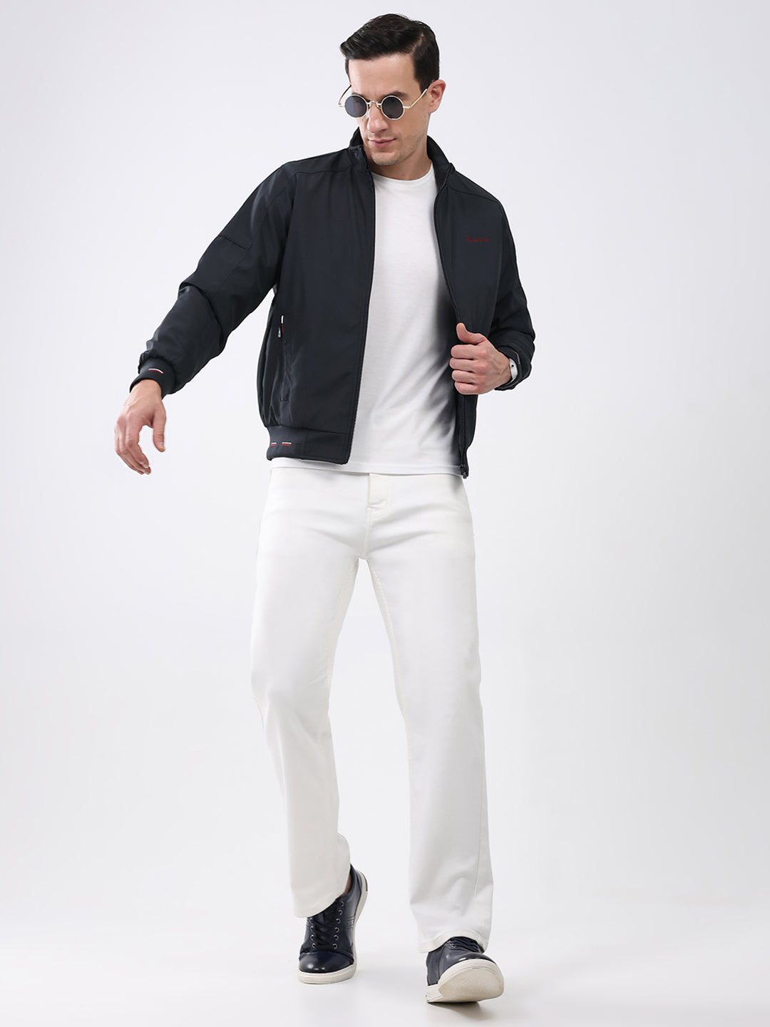 Men Navy Blue Solid Mock Neck Full Sleeve Jacket