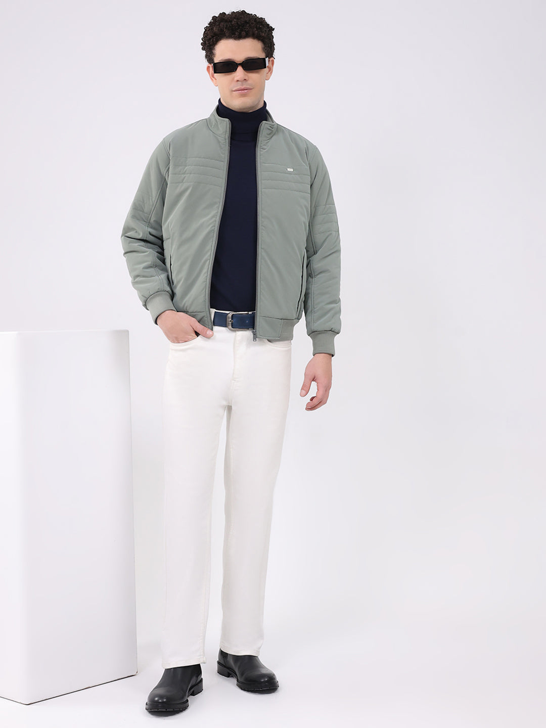 Men Sea Green Solid Collar Full Sleeve Jacket