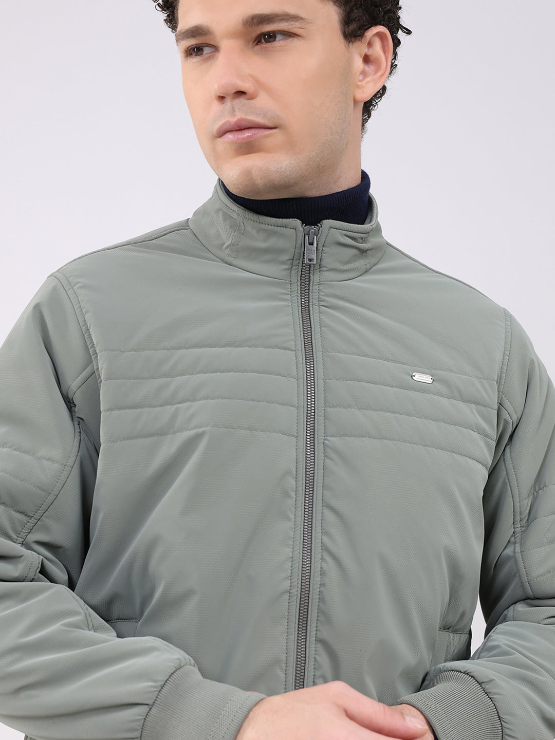 Men Sea Green Solid Collar Full Sleeve Jacket