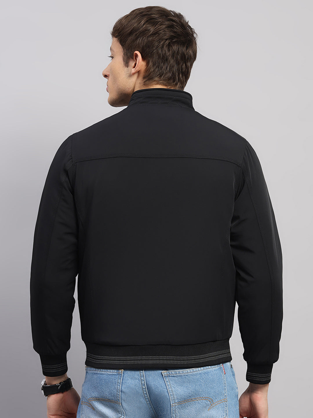 Men Black Solid Mock Neck Full Sleeve Jacket
