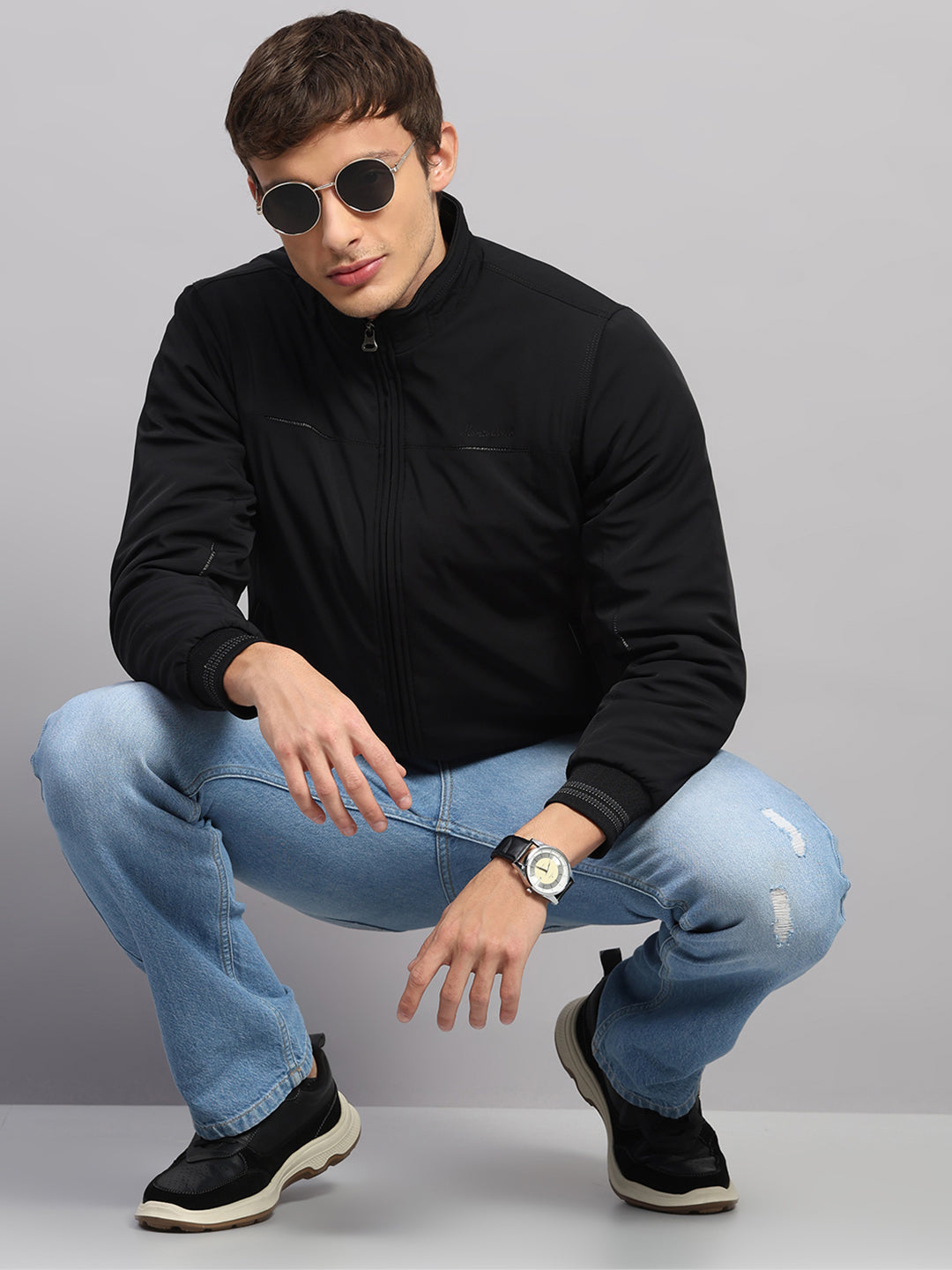 Men Black Solid Mock Neck Full Sleeve Jacket