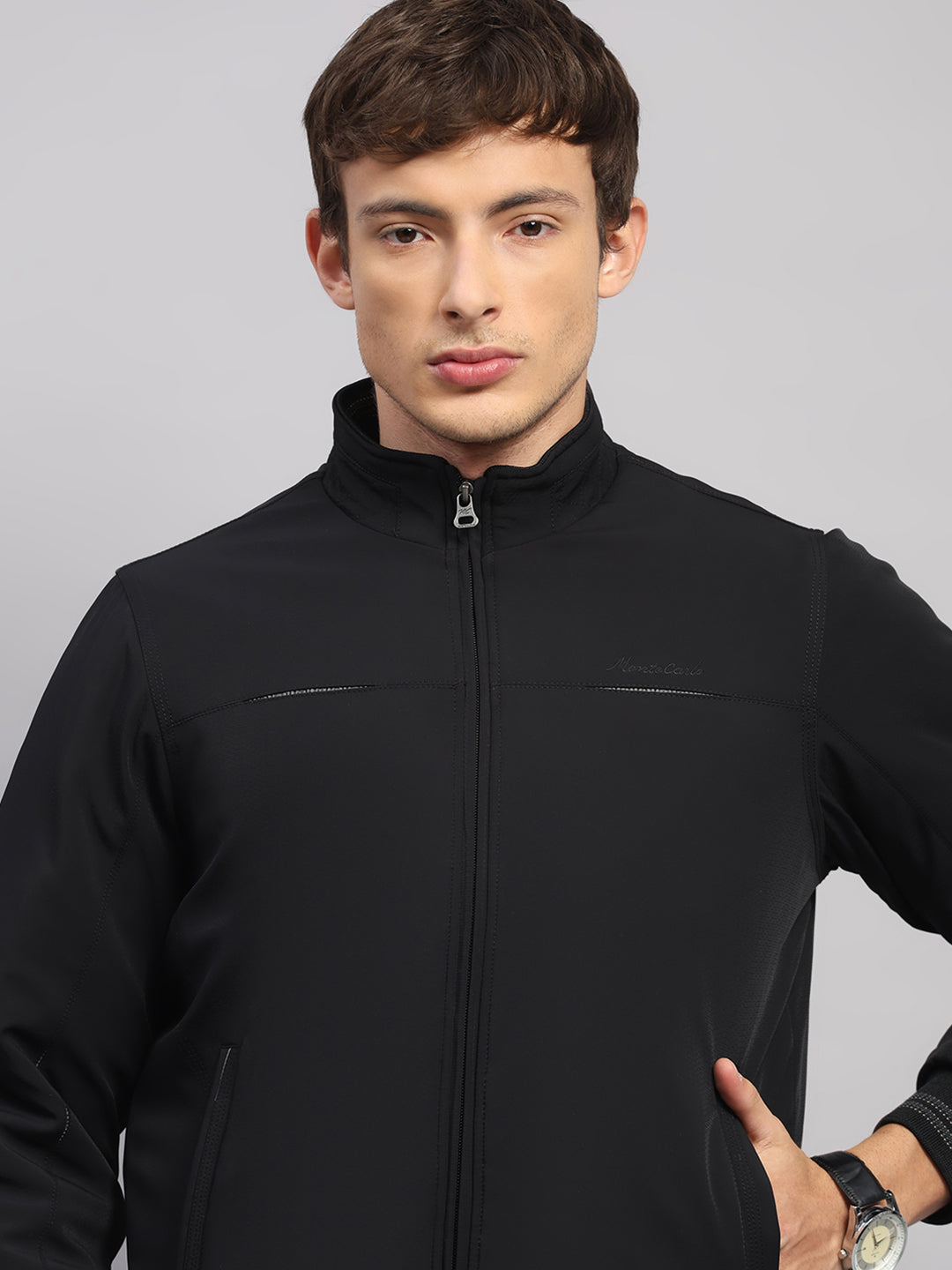 Men Black Solid Mock Neck Full Sleeve Jacket