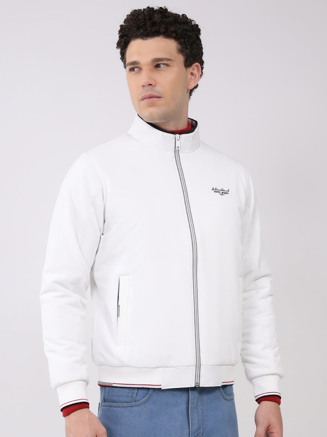 Men White Solid Mock Neck Full Sleeve Jacket