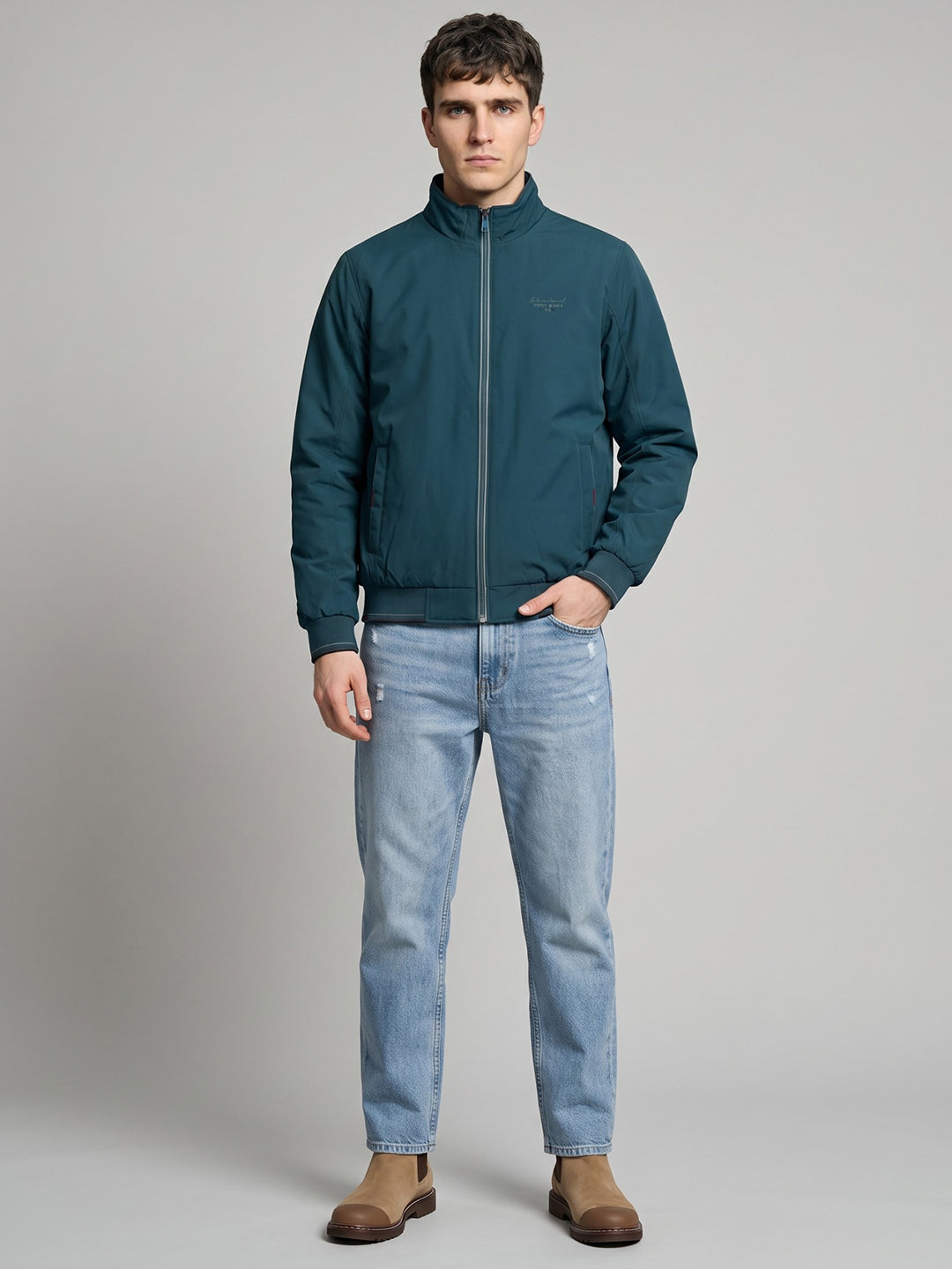 Men Blue Solid Mock Neck Full Sleeve Jacket