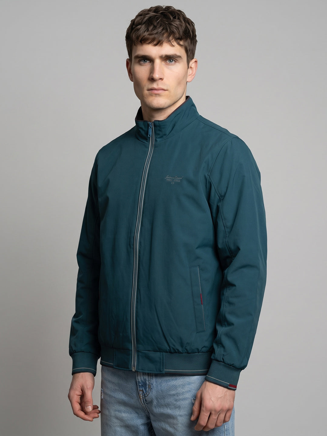 Men Blue Solid Mock Neck Full Sleeve Jacket