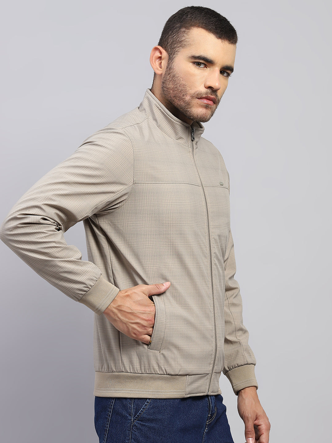Men Beige Solid Stand Collar Full Sleeve Jacket