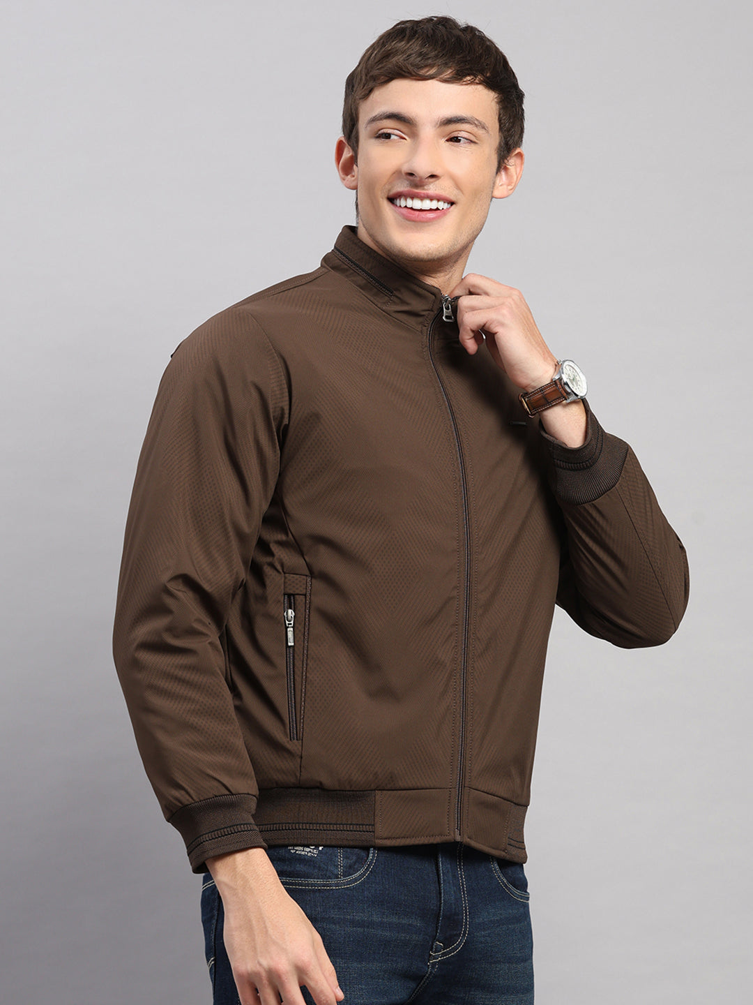 Men Brown Solid Stand Collar Full Sleeve Jacket
