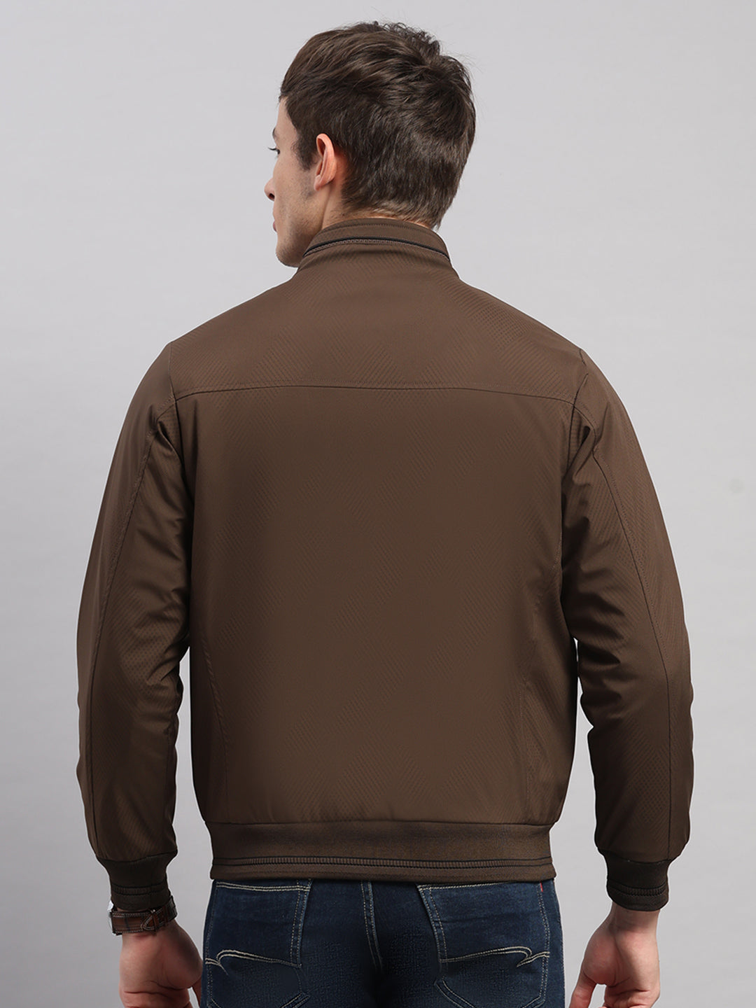 Men Brown Solid Stand Collar Full Sleeve Jacket