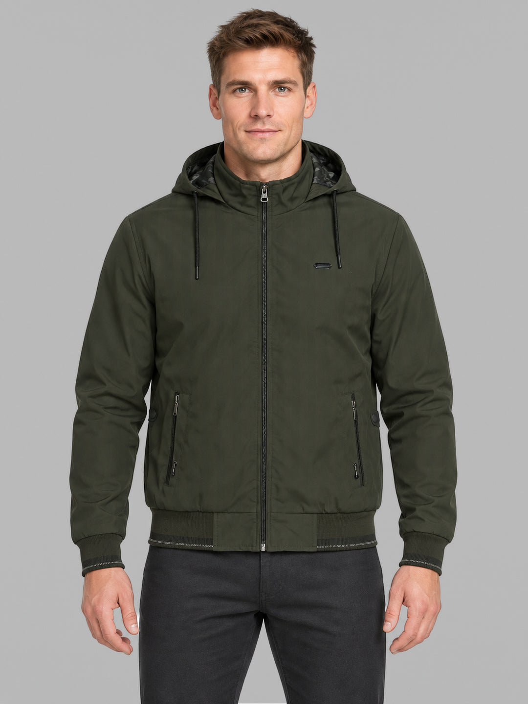 Men Green Solid Hooded Full Sleeve Jacket