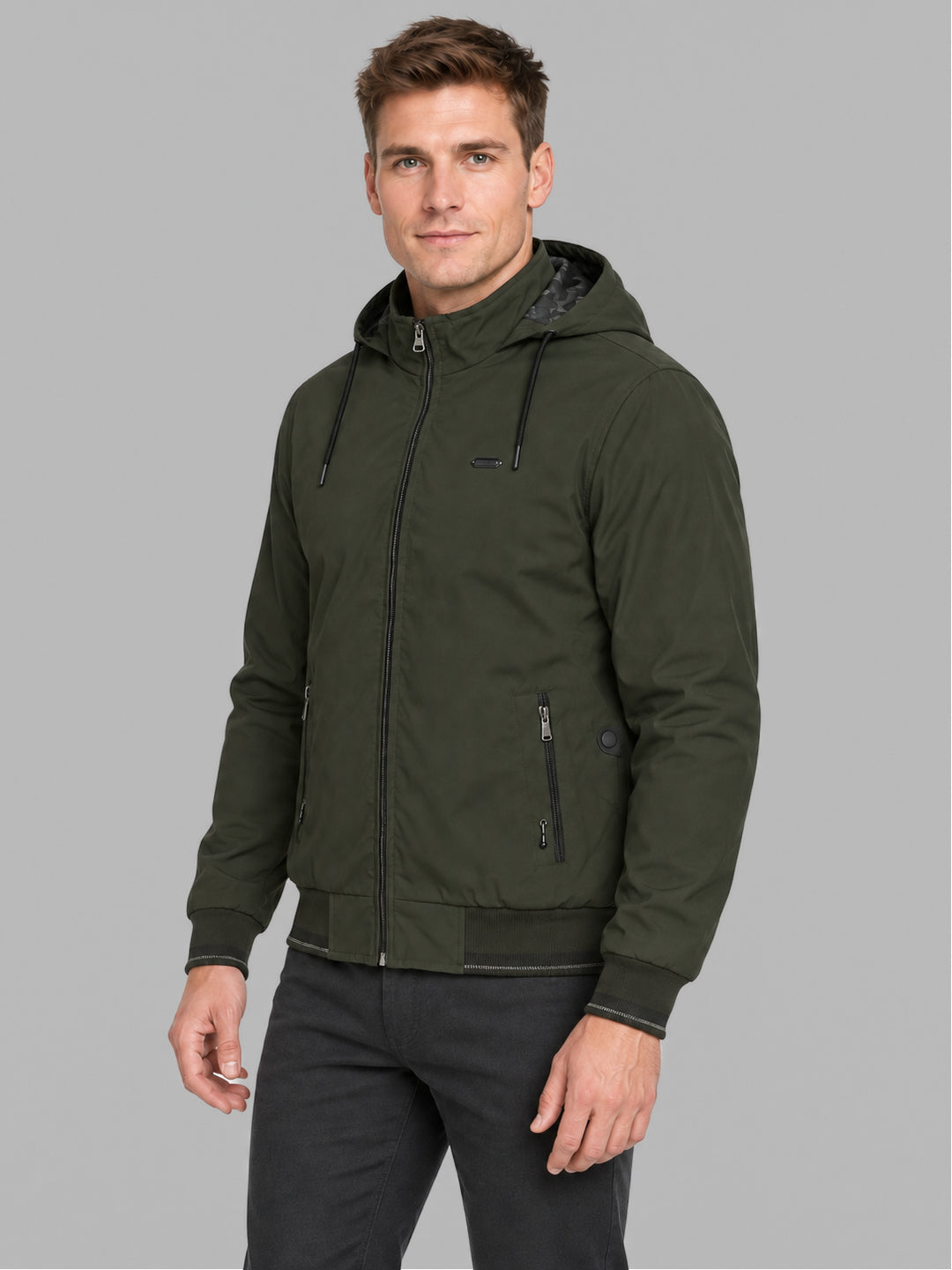 Men Green Solid Hooded Full Sleeve Jacket