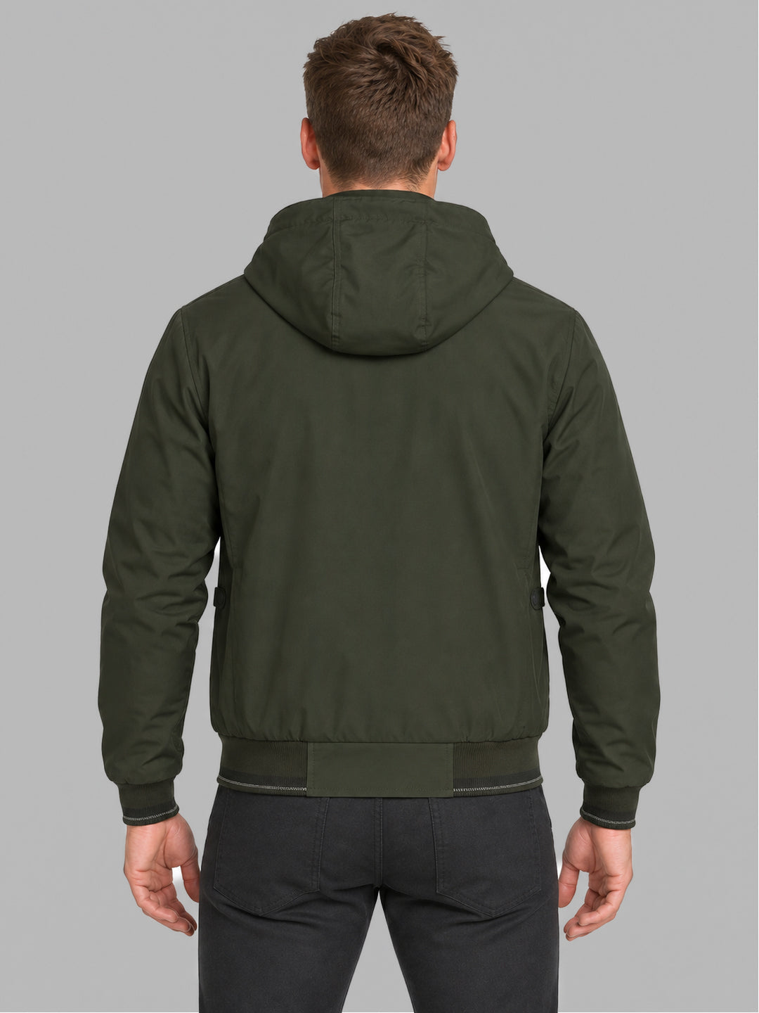 Men Green Solid Hooded Full Sleeve Jacket