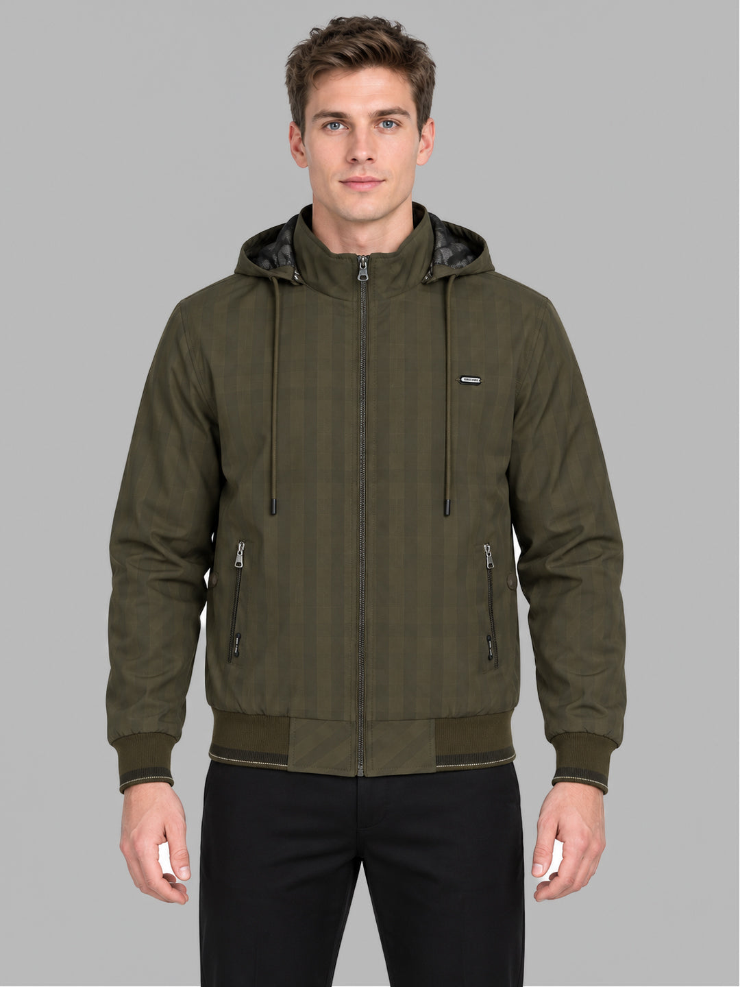 Men Brown Solid Hooded Full Sleeve Jacket