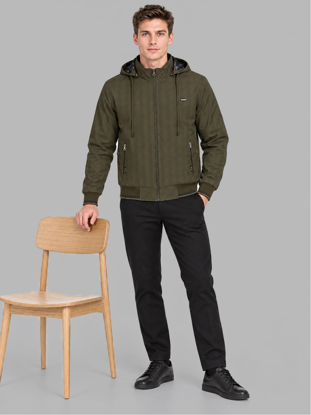 Men Brown Solid Hooded Full Sleeve Jacket
