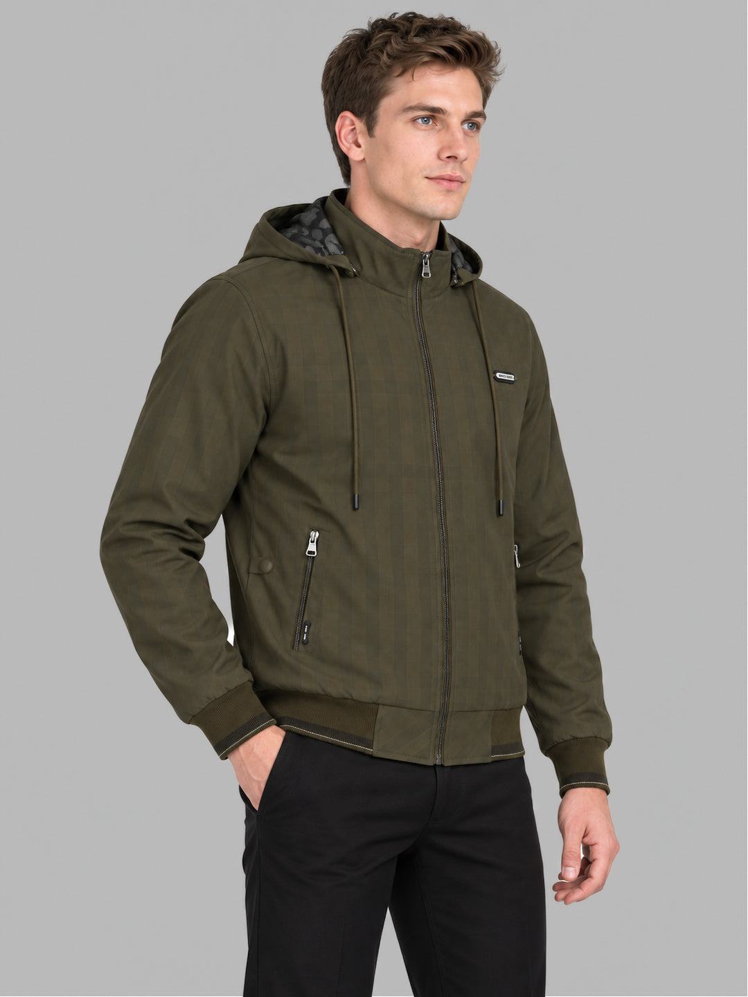 Men Brown Solid Hooded Full Sleeve Jacket