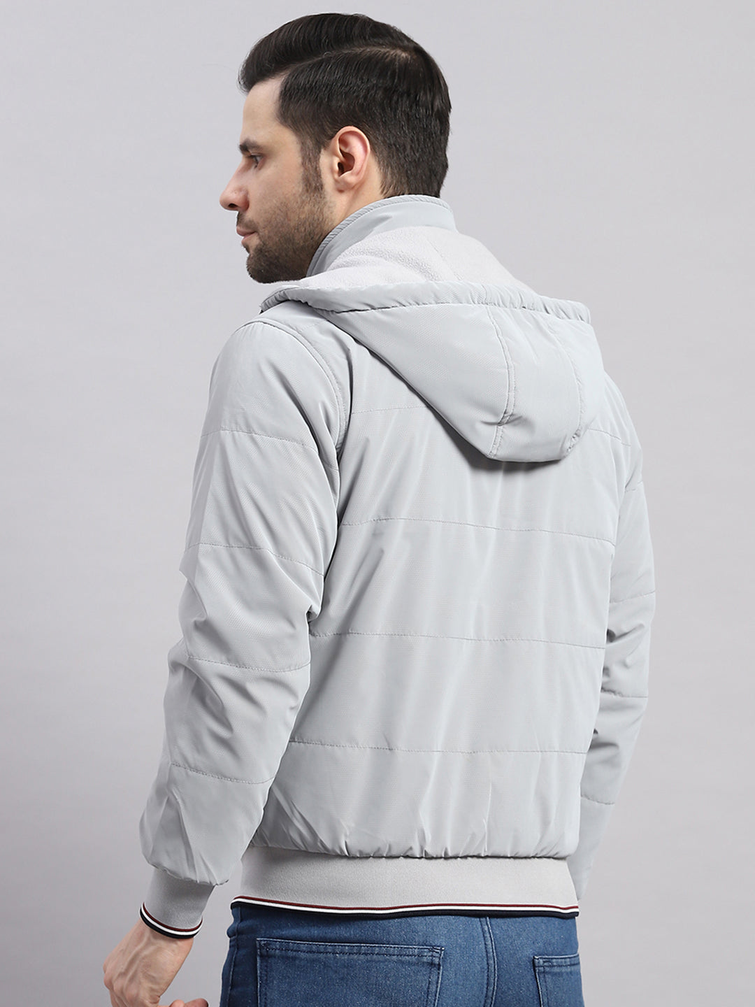 Men Grey Solid Hooded Full Sleeve Jacket